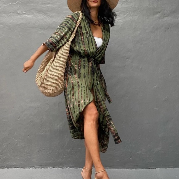 Army Green Tie Dye Boho Swim Coverup Kimono Robe - Picture 4 of 6